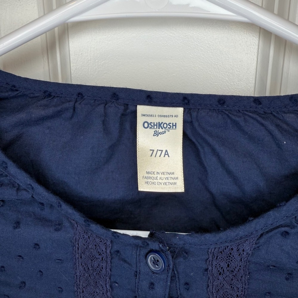 Oshkosh B'gosh Girls Navy Blue Swiss Dot Tie Front Long Sleeve Shirt Size 7/7A - Picture 3 of 5